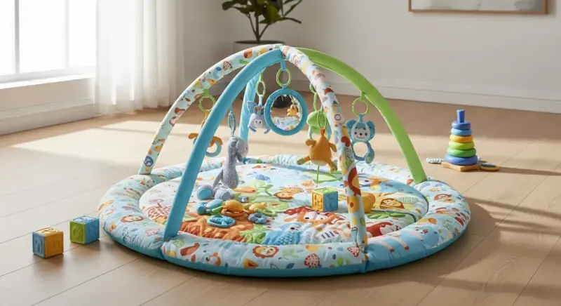 Tapete de atividades para bebê com livrinho em ambiente residencial