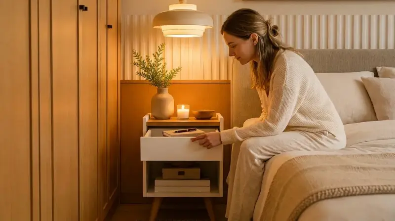 Mesa de cabeceira móvel com rodízios e segurança para quartos